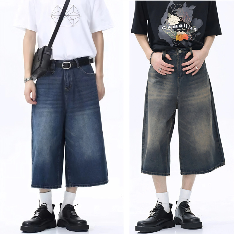 [S-5XL] Calças de ganga curtas para homem, calças de ganga folgadas para homem, calças curtas estilo coreano para mulher