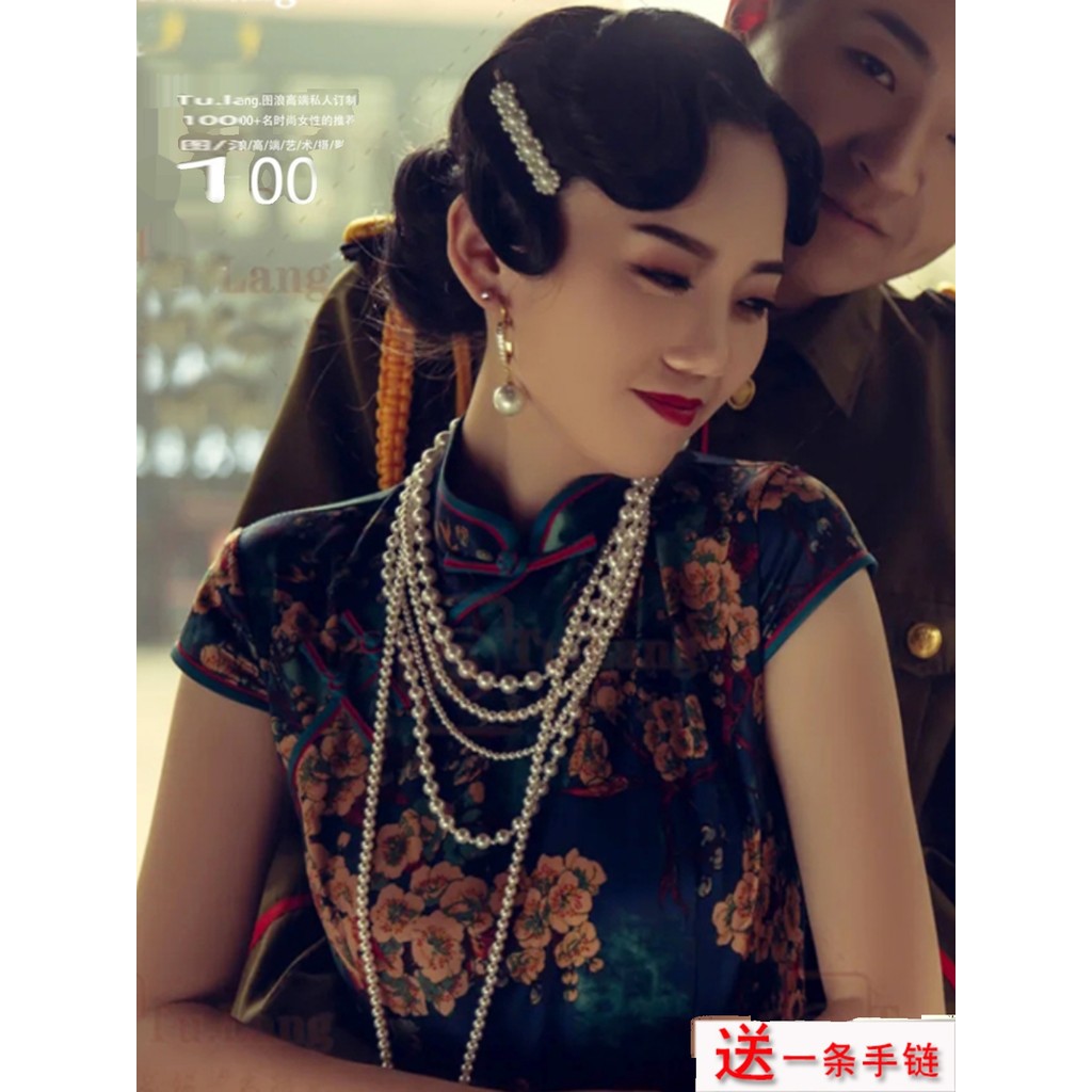Cheongsam colar de pérolas com cheongsam colar longo feminino longo colar multicamadas empilhamento clavícula corrente f