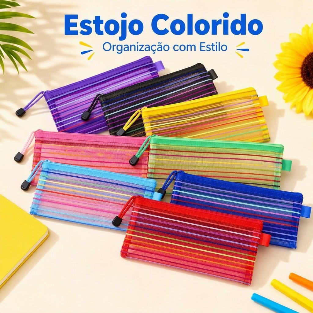 KIT 2/5/10 Estojo Multiuso Bolsinha Nylon Colorido Necessaire Papelaria Equipamento Escolar e de Escritório Estojos