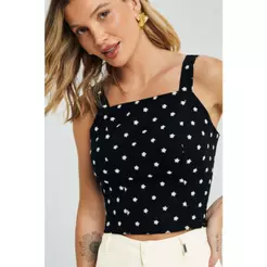 Top Cropped Feminino Linho Bordado Marialícia Preto