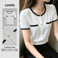 Lovito Camiseta Feminina Branca com Botões Elegante Color Block Primavera/Verão TSB202P2D074