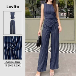Lovito Calças Azuismarinho de Cintura Assimétrica com Cadarço e Bolso para Primavera/verão casuais PSB38BR092