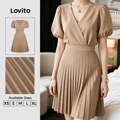 Lovito Vestido Casual Plissado Marrom para Mulheres primavera/verão DRB201P1D180