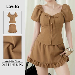 Lovito Conjunto De Saia Caqui Com Botão E Barra Com Babado Para Primavera E Verão Para Mulher KSB201P1D220