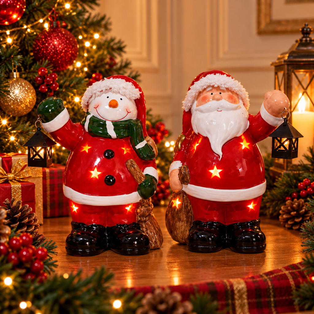 Boneco de Natal Decorativo em Cerâmica com Iluminação Led Decoração – Papai Noel ou Boneco de Neve
