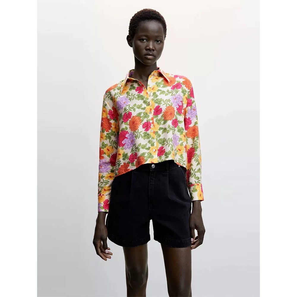 Europeu único elegante cor-bloqueando impresso tecido algodão lapela solta manga comprida camisa curta primavera verão t