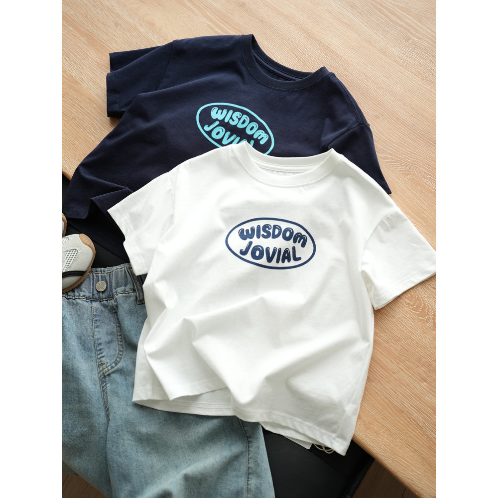 Crianças finas de manga curta meninos meninas puro algodão em torno do pescoço camisetas algodão contraste cor topos 170