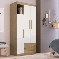 Guarda-Roupa Solteiro 3 Portas 2 Gavetas Bege/Wood/Branco