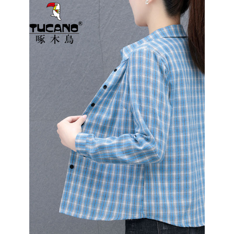 Woodpecker camisa xadrez feminina de manga comprida primavera outono novo estilo mãe de meia-idade estilo ocidental idad