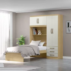Guarda-Roupa Infantil com Cama 4 Portas 3 Gavetas Lisboa Espresso Móveis Bege/Castanho/Off White Off White/Castanho