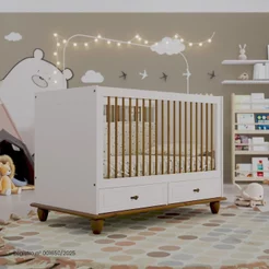 Berço Vira Cama em MDF 96cm x 79,5cm Joy Branco/Off White/Nogueira