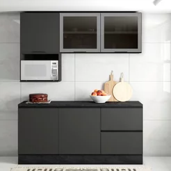 Cozinha Modulada Completa 5 Peças 5 Portas 3 Gavetas com Portas Vidro Fumê Etna Cinza/Grafite Grafite