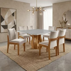 Conjunto Sala de Jantar Mesa Nuance 135cm Quadrada Tampo Vidro/MDP com 6 Cadeiras Mônaco Yescasa Marrom/Castanho