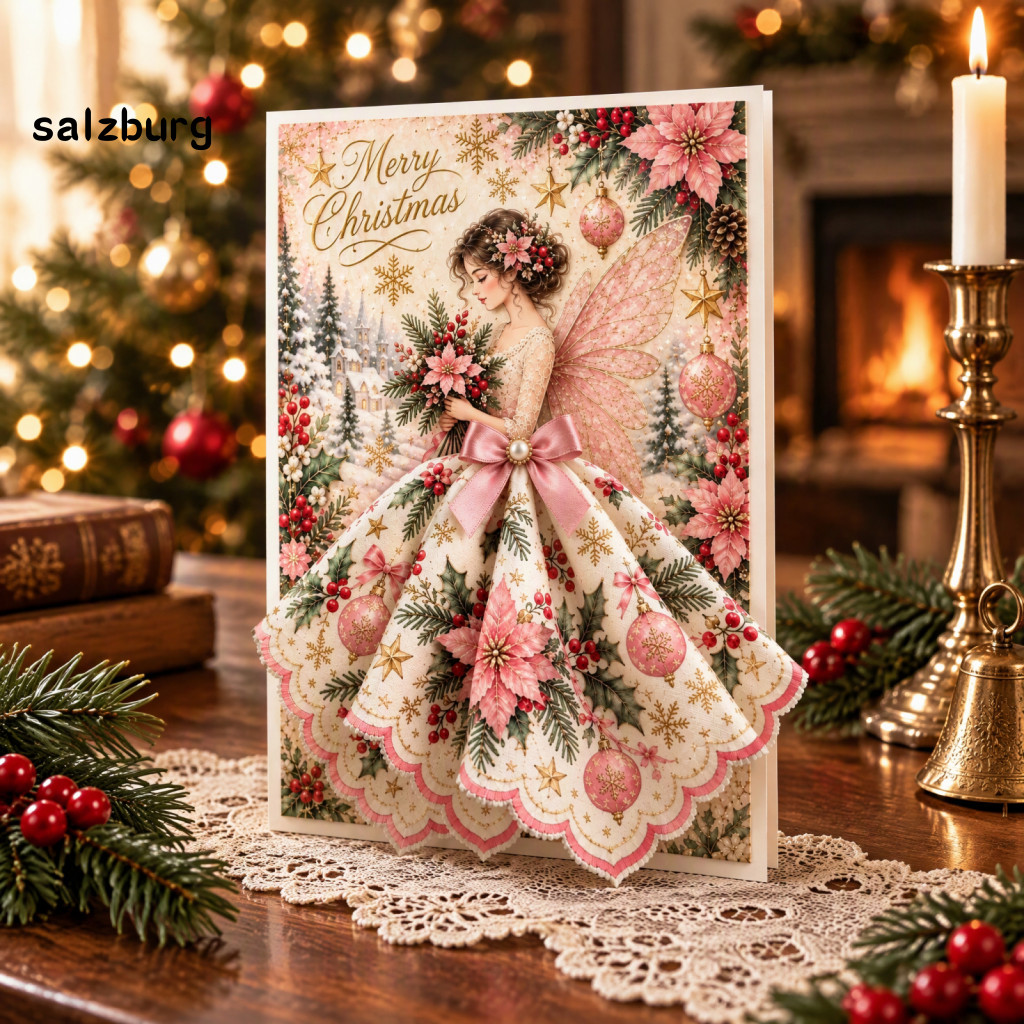 < salzburg > Cartões De Paz E Bênção , Cartão Temático De Anjo De Luxo Com Vestido De Tecido Dimensional