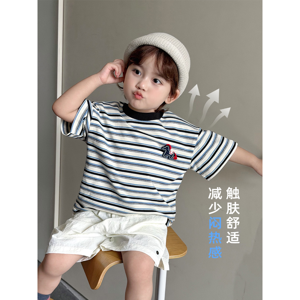 Bebê verão listrado meia manga topo meninos de manga curta camiseta meninos verão estilo fino crianças verão puro algodã