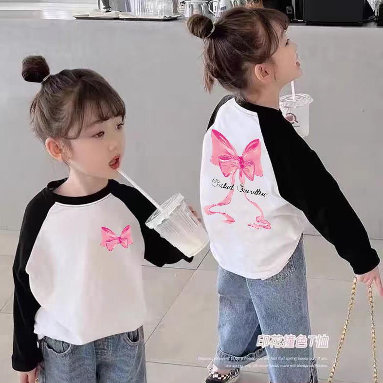 Algodão puro meninas de manga comprida contraste cor Raglan camiseta primavera outono crianças versão coreana em torno d