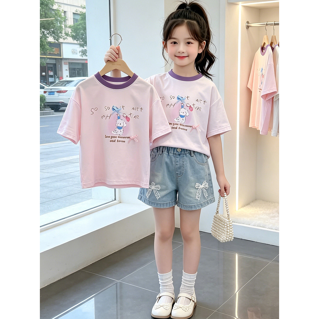 Meninas verão camiseta 2026 novo estilo crianças versão coreana meninas verão de manga curta camiseta dos desenhos anima