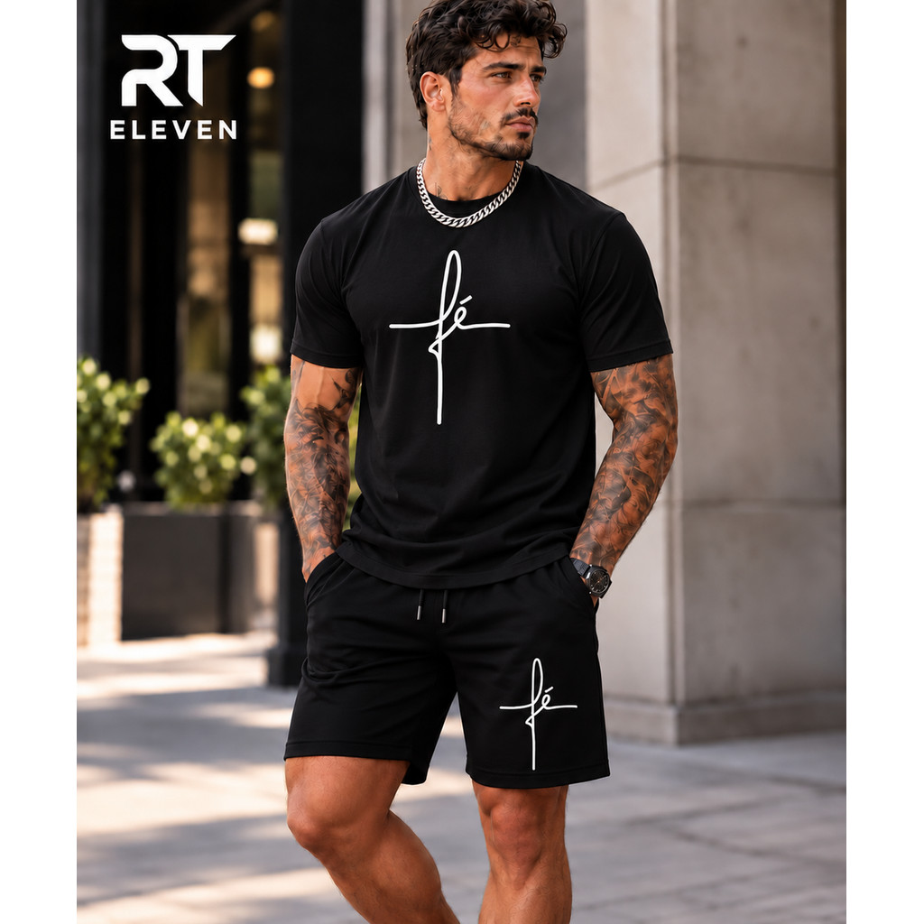 Kit Camiseta Masculina 100% Algodão + Bermuda Moletom Lançamento Estampada Fé gratidão Confortavel  Unissex