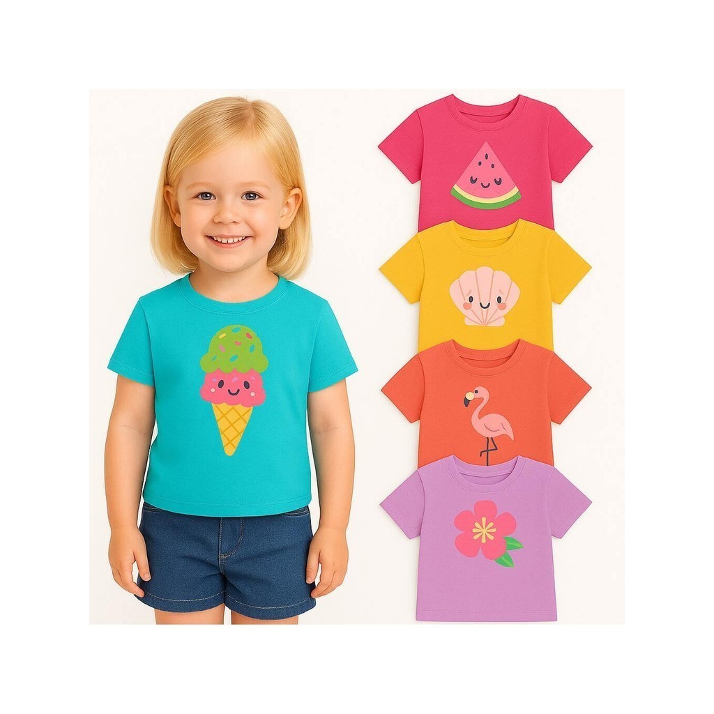 Kit 3 Camisetas de Manga Curta Menina Infantil Verão -Kit 3 Blusas para Meninas Infantil Sortidas- Camisa Feminina