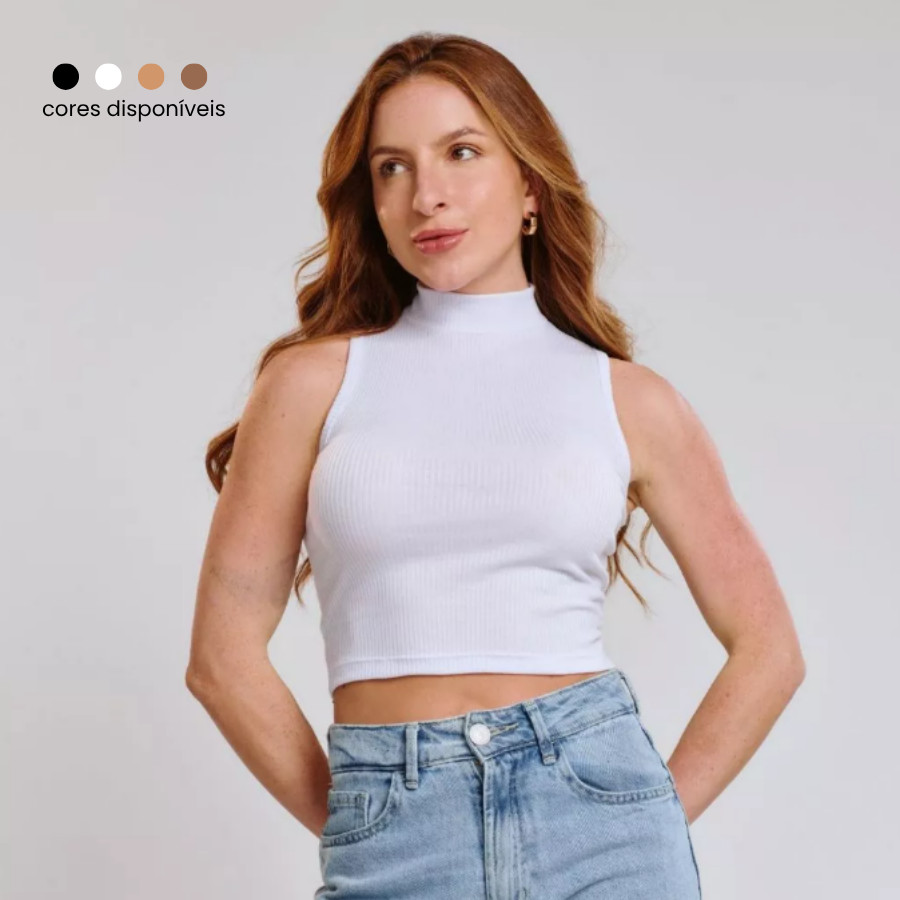 Blusa Feminina Cropped Gola Alta Canelado Básico Blogueira Sem Manga Regata Ribana