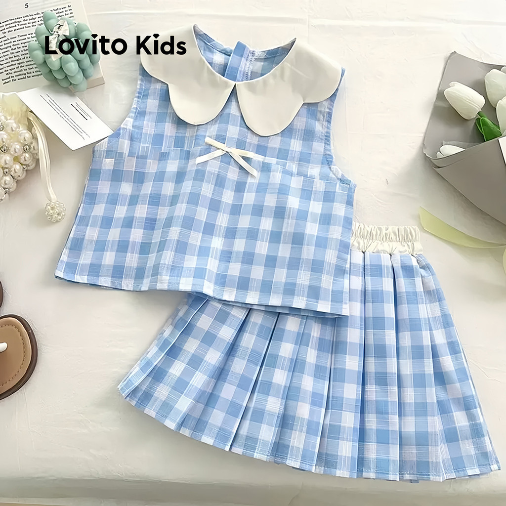 Lovito Kids Conjuntos de Saia Bonitos com Plissado para Menina Primavera/verão Conjuntos de Saia azul L160LD222 em Oferta na Shopee