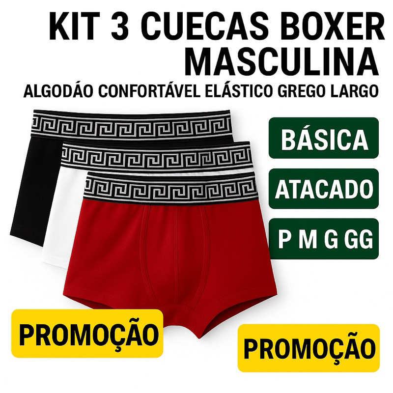 Kit 3 Cuecas Boxer Masculina Algodão Confortável Elástico Preto Largo Básica P M G GG Atacado Promoção