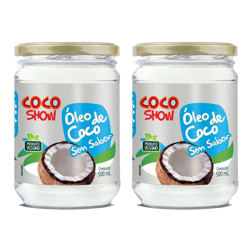 KIT 2 OLEO DE COCO SEM SABOR 500ML COCO SHOW 100% PURO NATURAL SEM GLUTEN VEGANO SEM GORDURA TRANS