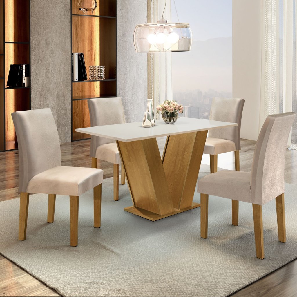 Conjunto Sala de Jantar Mesa Tampo Mdf 4 Cadeiras Espanha Yescasa Ypê/Off White/Tecido Pena