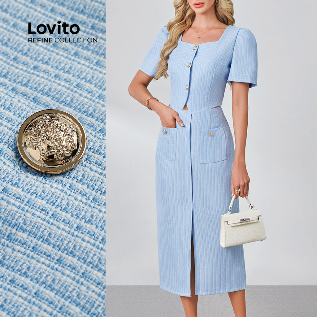 (Lovito Refine) Peças Elegantes (Tops/Calças) Botões Frente Primavera/Verão Azul Peças Evangélicas Mulheres LR21L031 em Oferta na Shopee