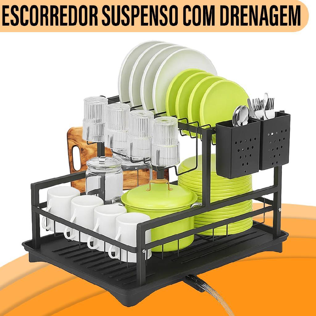 Escorredor de Louça Preto Em Aço C/ Porta Talheres Duplo Suporte P/ Tábua Copos Pratos - Yab