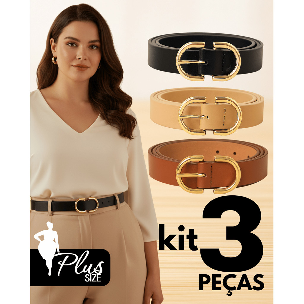 Kit 3 Cinto Feminino Plus Size Fino Couro Sintético Social Versatil Elegante Cintura Ajustável Lola em Oferta na Shopee