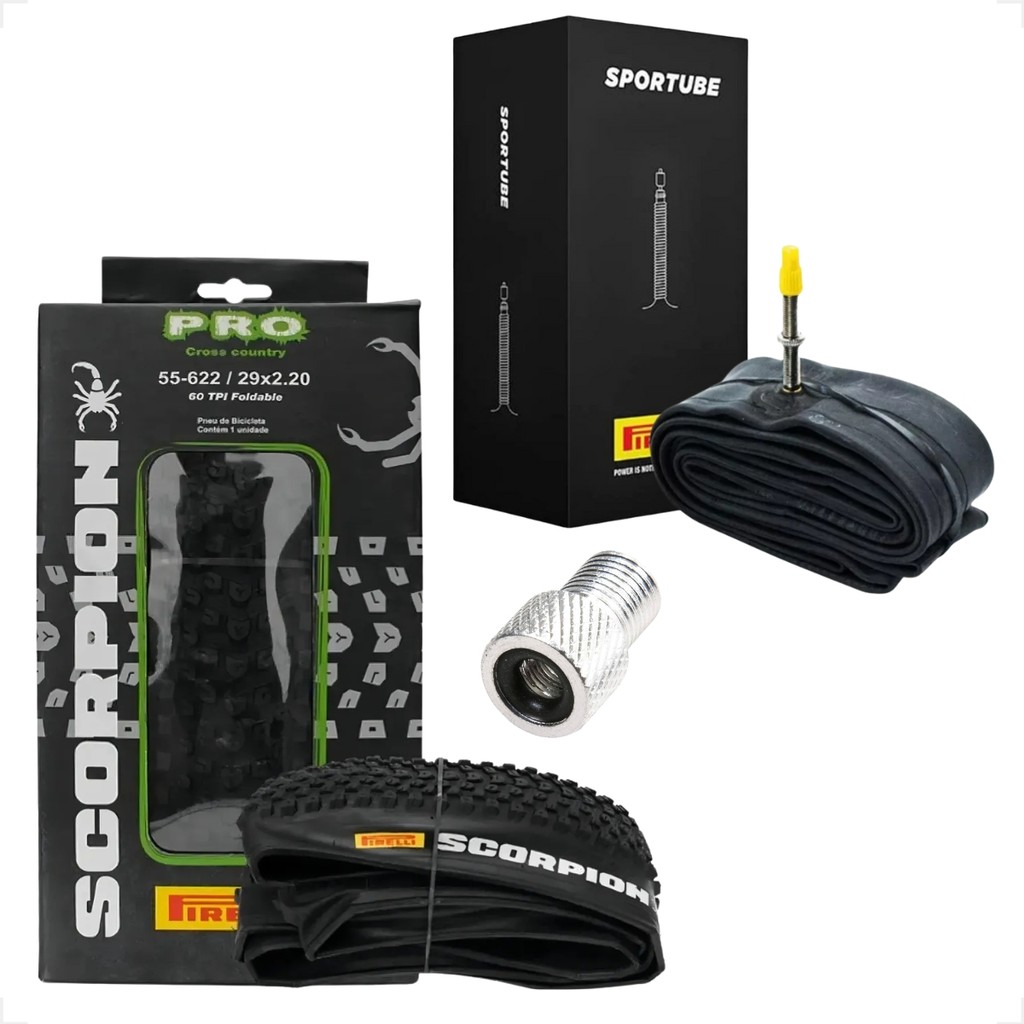 Pneu Pirelli Scorpion Aro 29 x 2.20 Kevlar Sem arame Cravudo Mtb + Camara Pirelli Bico fino + brinde