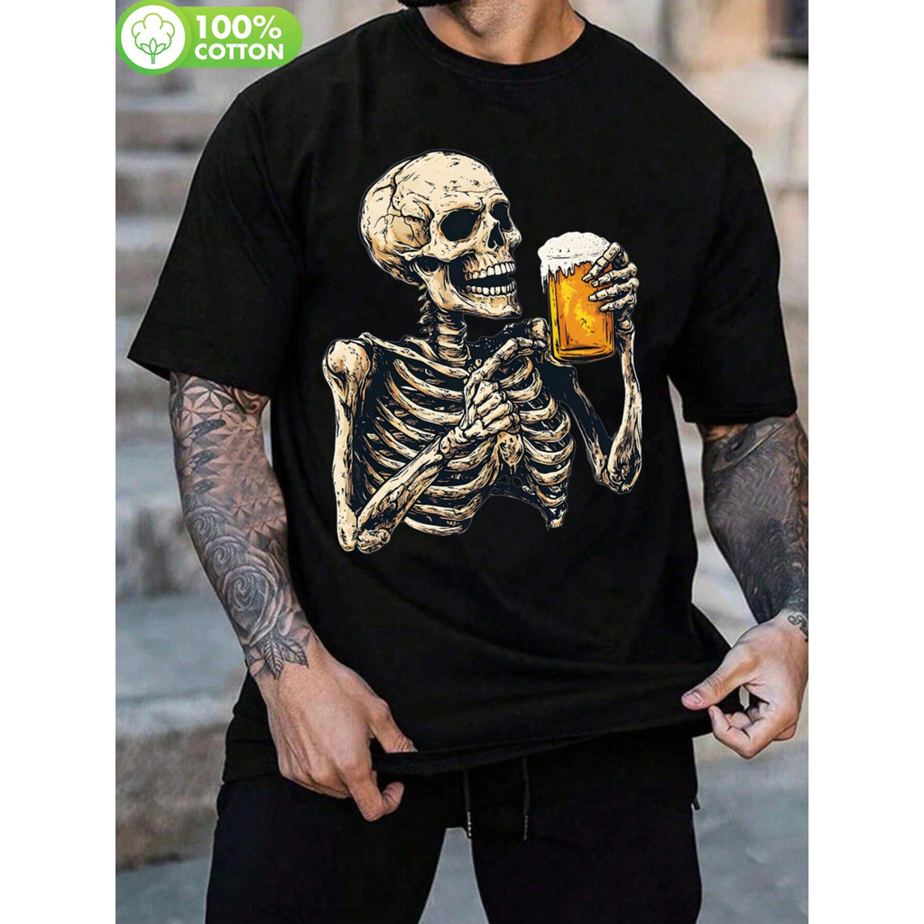 Camiseta Unissex Masculina e Feminina Esqueleto Bebendo Cerveza Caveira Diversão Estampada Confortável Divertida Estilos