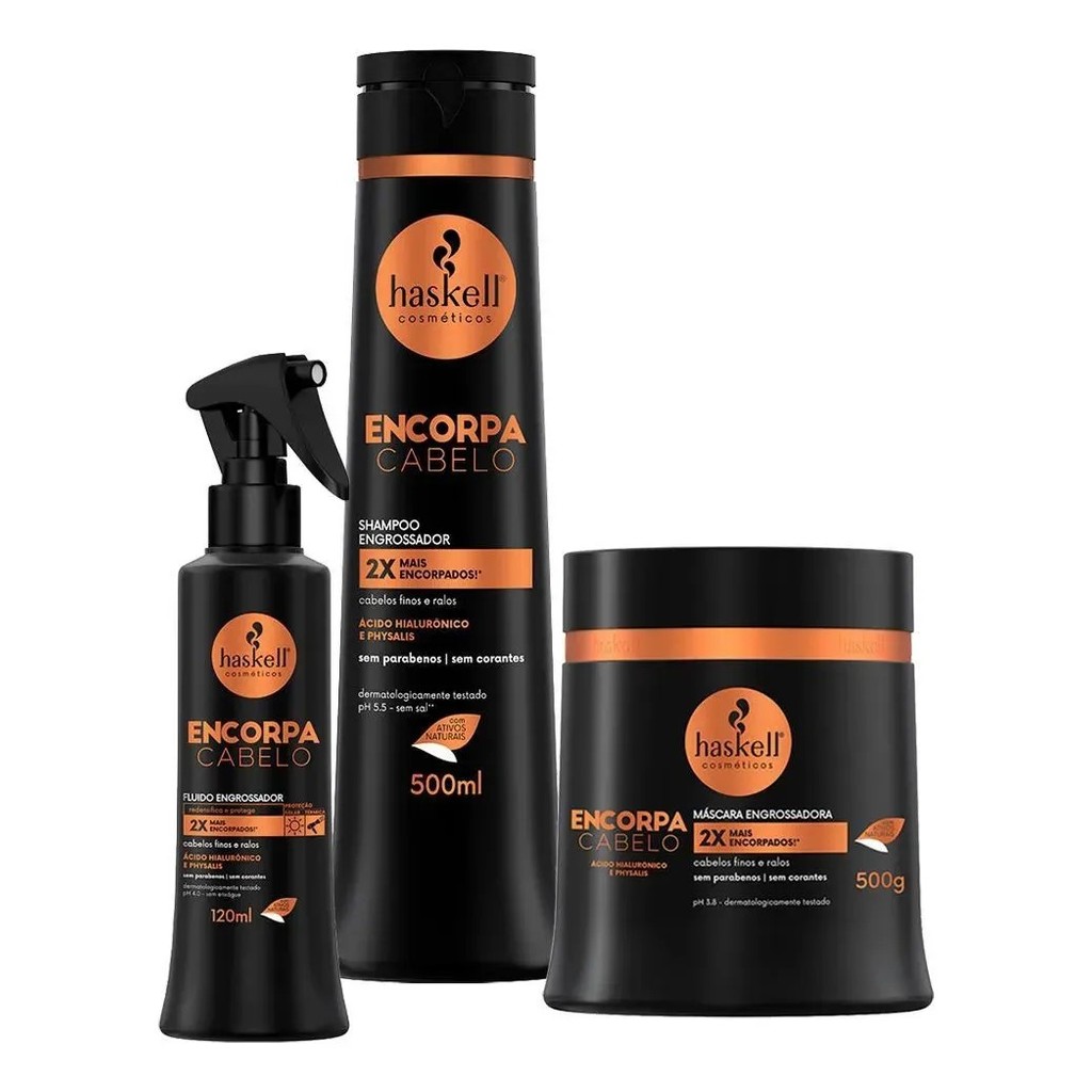 Kit Encorpa Cabelo 500gr Haskell | Shampoo + Máscara + Fluido finalizador encorpa em Oferta na Shopee