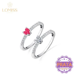 Anel Solitário de Prata 925 Zircônias Coração Vermelho Com Aro Detalhado Feminino Namoro Presente