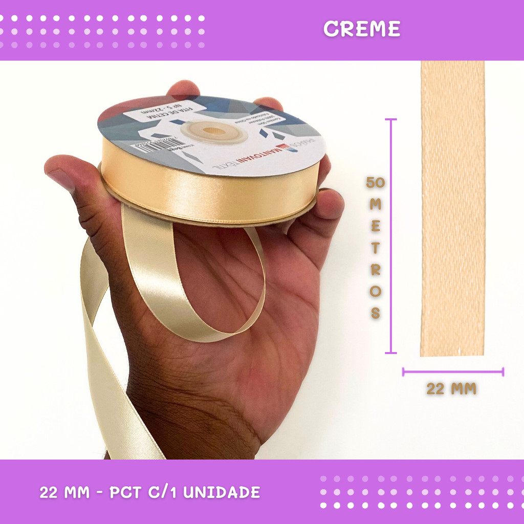 Fita de Cetim Lisa - 22mm - Rolo C/50 Mts COR:CREME