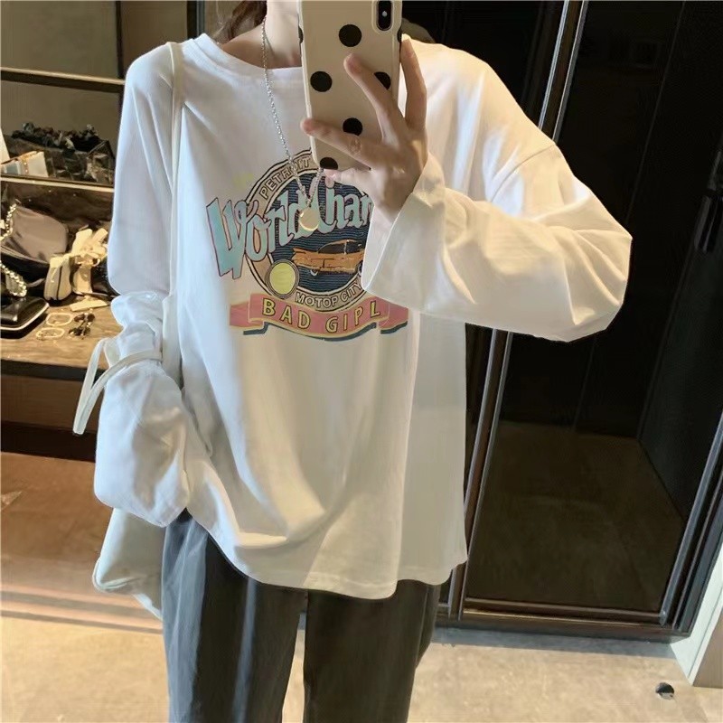 Americano Retro Design nicho criativo carta impressão All-Match solto manga comprida camiseta feminina primavera outono 