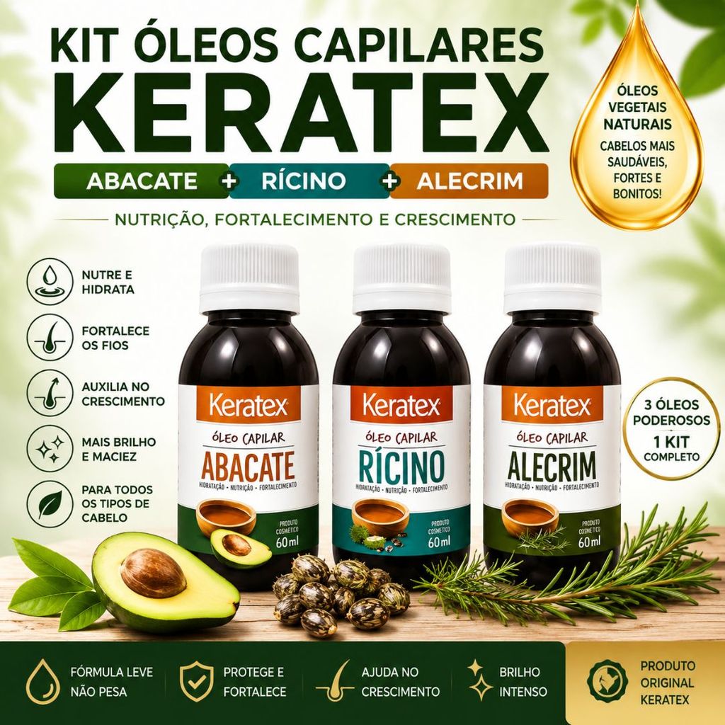 Kit Keratex Óleos Capilares Original | Abacate + Rícino + Alecrim 60ml | Nutrição, Fortalecimento e Crescimento