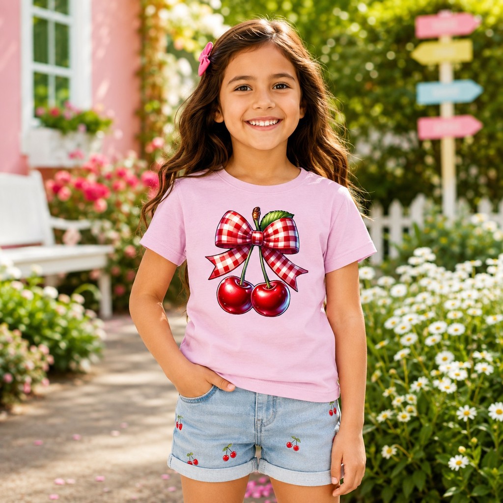 Camiseta Infantil Feminina Cereja 100% Algodão – Blusinha Estampa Premium Moderna, Confortável e Estilosa