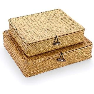 Conjunto Hipiwe De 2 Caixas De Armazenamento De Vime De Tecido Plano Com Tampa Cesta De Ervas Marinhas Naturais Doméstic