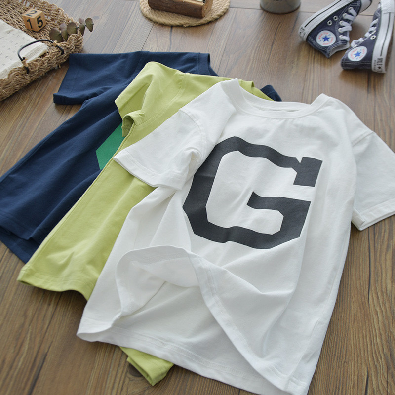 Meninos grande carta puro algodão manga curta camiseta 22 verão crianças elástico pele-amigável puro algodão absorvente 