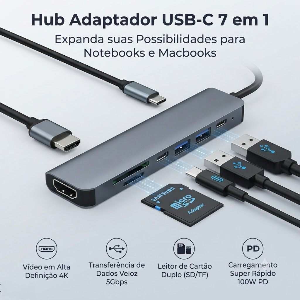 Hub USB C 7 em 1 HDMI 4K PD 100W USB 3.0 Leitor SD TF Adaptador para Notebook MacBook