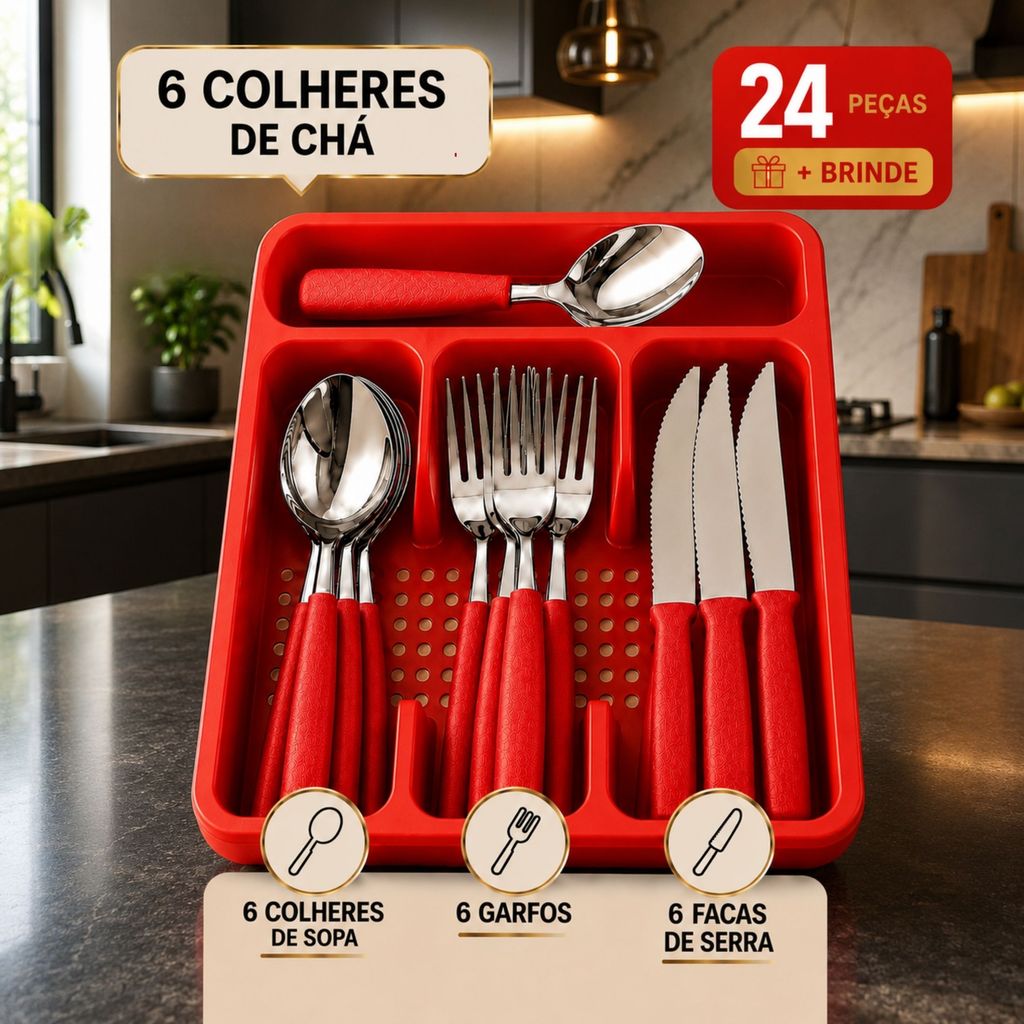Jogo 24 Talheres Premium Inox Brinde Suporte Gaveteiro Garfo Colher de Sopa e Chá Faqueiro Cozinha