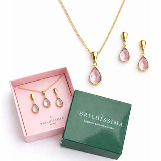 conjunto colar e brinco gota banhado ouro presente