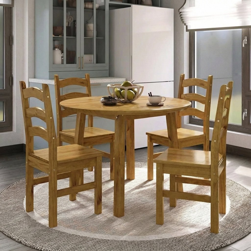 Conjunto com Mesa de Jantar 103cm Redonda e 4 Cadeiras 100% Madeira Maciça Parit Yescasa Marrom/Nogueira Nogueira