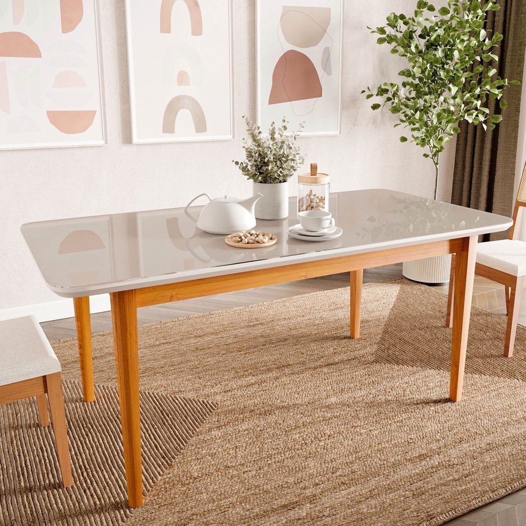 Mesa de Jantar 8 Lugares 210cm com Tampo MDF e Vidro Tangará CabeCasa MadeiraOriginals Marrom Caramelo/Off White