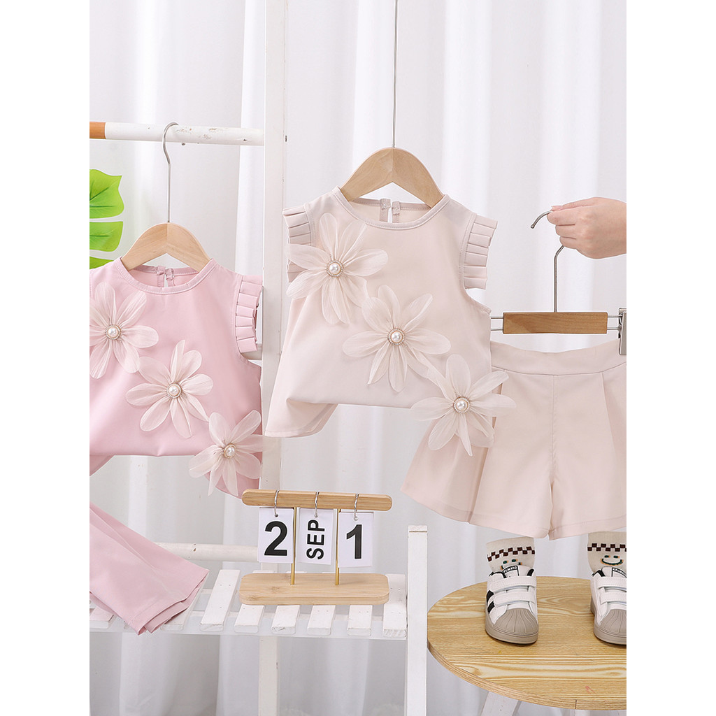 Meninas verão colete terno moda bebê verão moda Split roupas do bebê roupas infantis manga voadora terno de duas peças