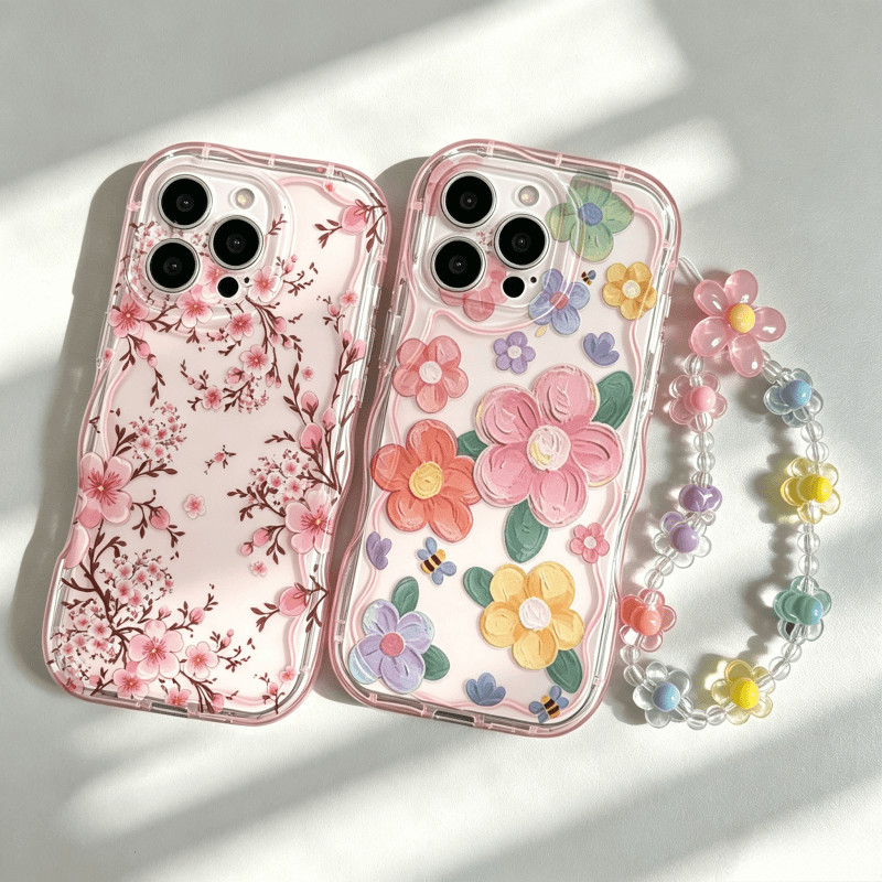 Capa Para Samsung Galaxy S26 Ultra S25 S24 Plus S26FE A17 A06 A07 A16 A56 M16 A36 A55 A15 Pulseira Corrente Rosa Flor Pe