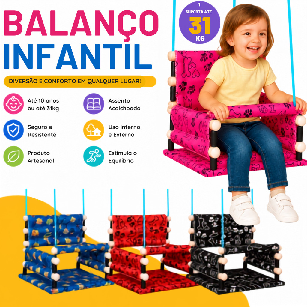 Balanço Infantil Balancinho Cadeira Suspensa Criança 31kg Confortável Reforçado Colorido
