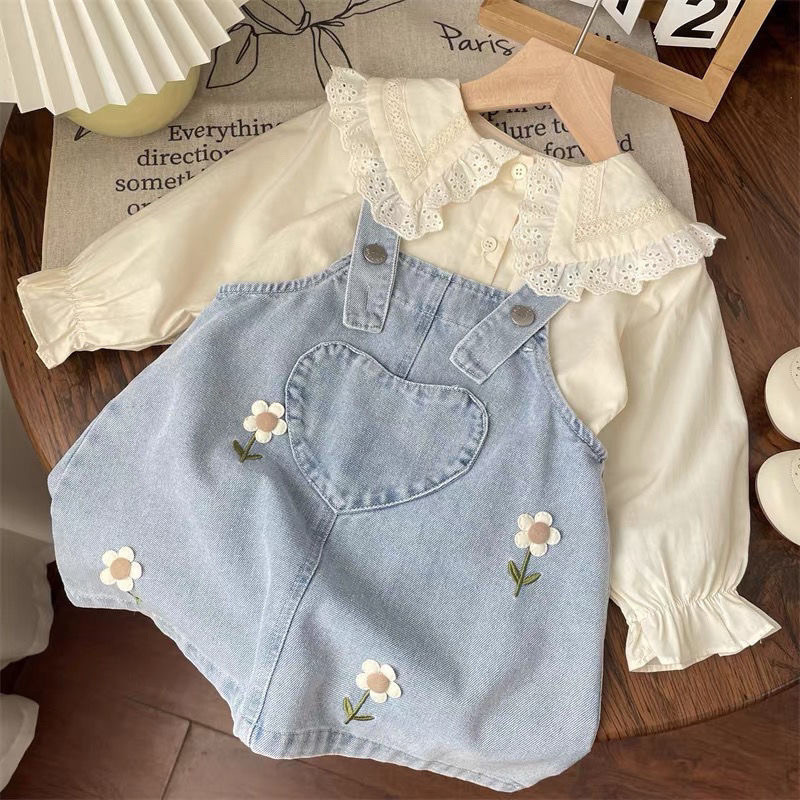 Vestido de bebê meninas cinta crianças moda terno 2025 novo estilo Denim boneca gola camisa terno de duas peças na moda